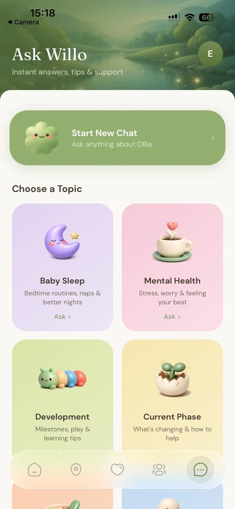 Willo App Ask Willo hub showing six topic starters: baby sleep, mental health, development, current phase