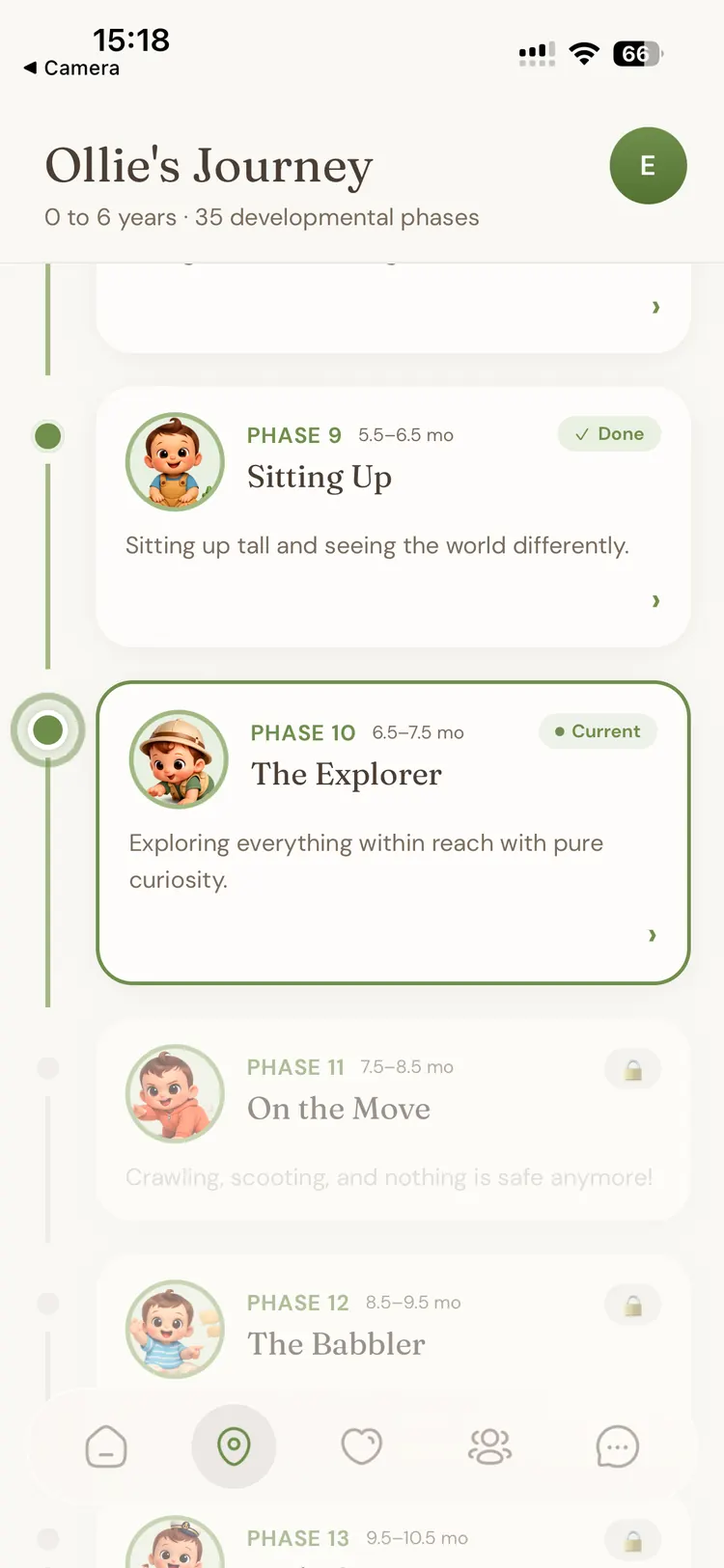 Willo App Journey tab showing the 35-phase timeline with Sitting Up complete, The Explorer as the current phase, On the Move next