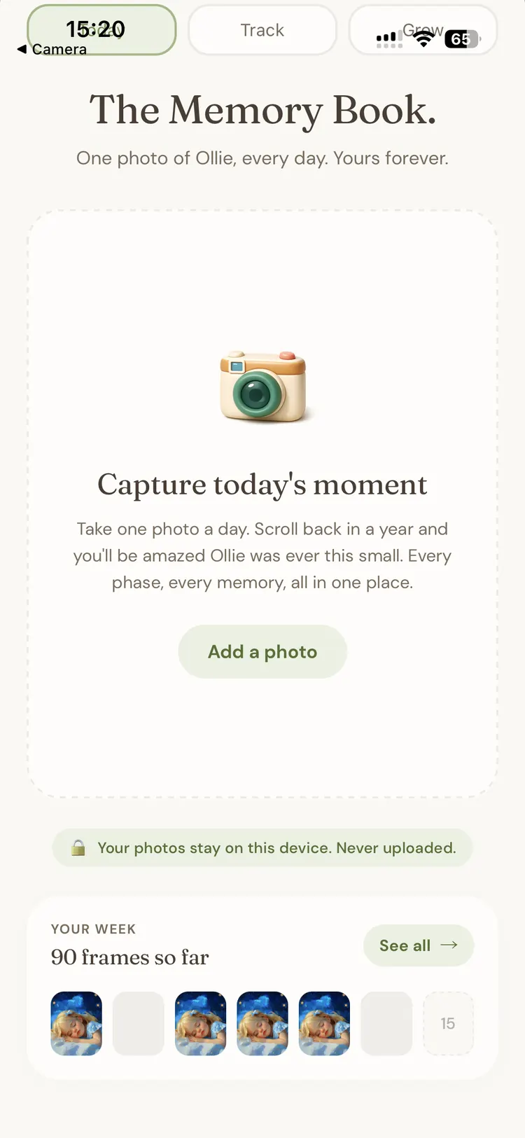 Willo App Memory Book showing daily photo capture, Your Week preview, and the on-device privacy pill