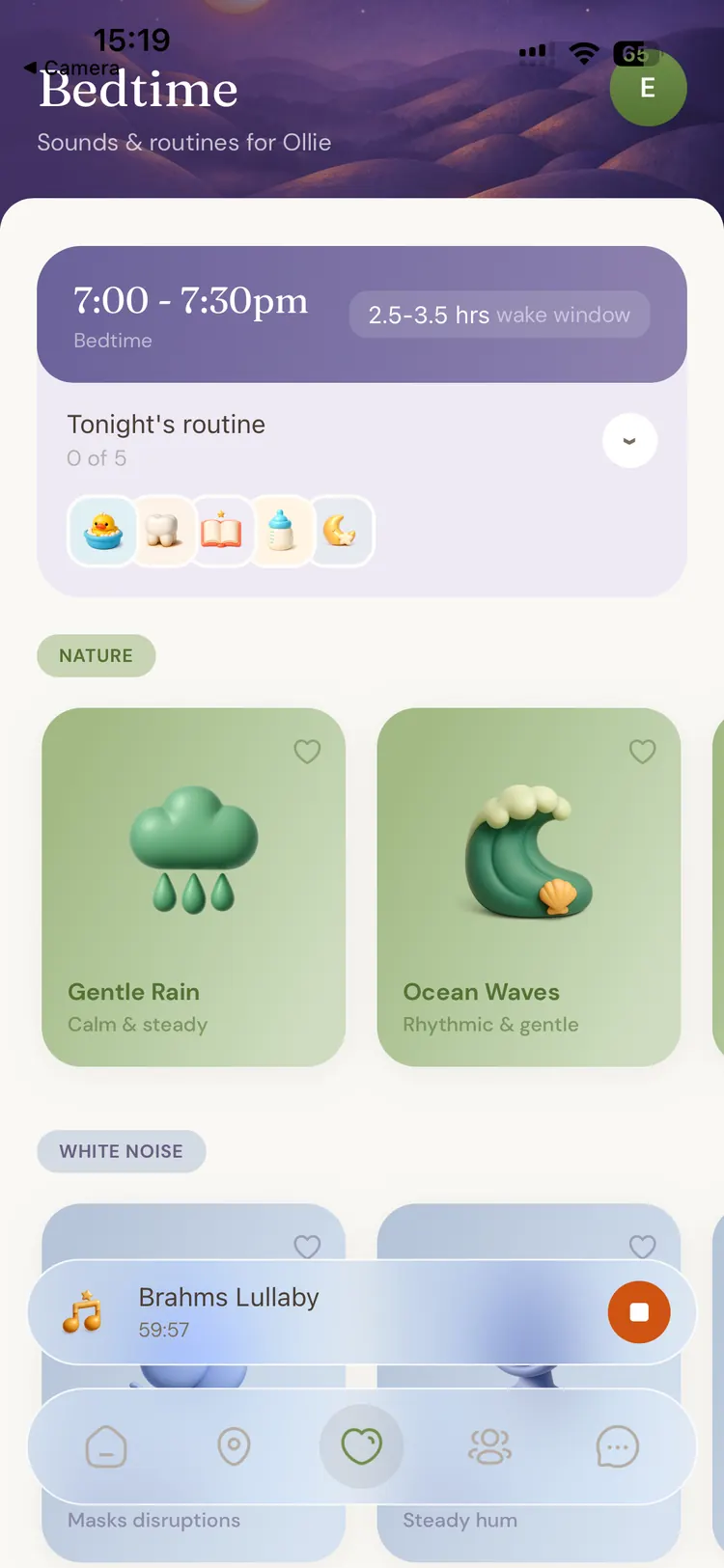 Willo App Sleep tab with tonight's bedtime routine and a curated sound library
