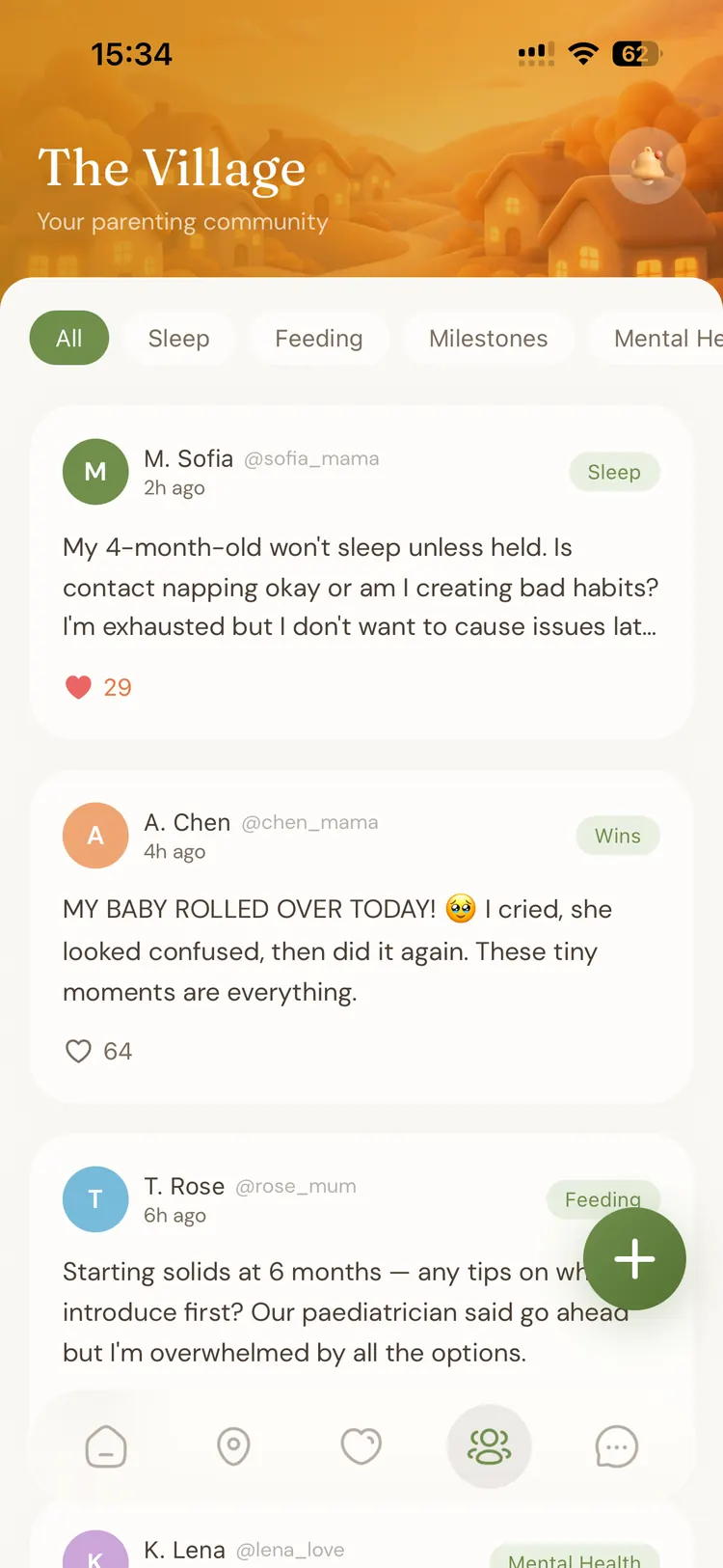 Willo App Village community feed with topic filters and mother-to-mother posts